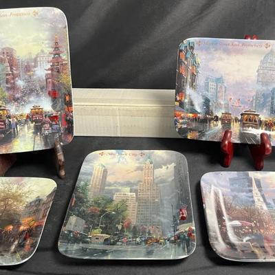 Limited-Edition Collectors Plates "Postcard from Thomas Kinkade” (Set of 5 with Plate Rack)