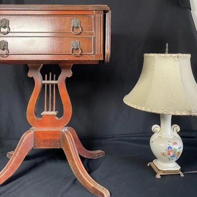 Antique Federal Table & Porcelain Lamp
