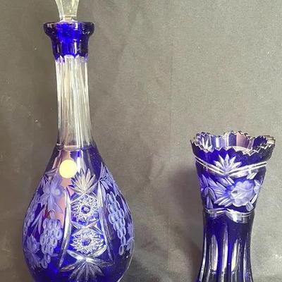 "Crystal Clear" 24% Lead Cobalt Decanter & Vase from Hungary