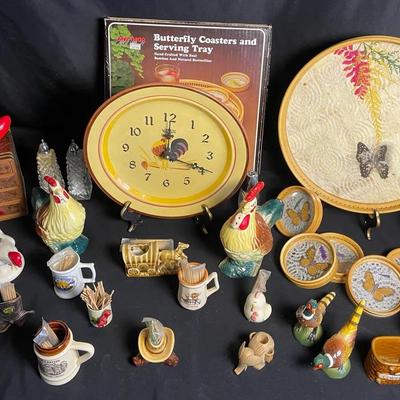 Stangl Rooster Clock With Toothpick Holder & Salt And Pepper Collection