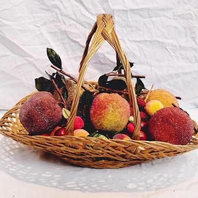 Vintage Faux Sugared Fruit Arrangement in Woven Wicker Basket - 25+ Pieces