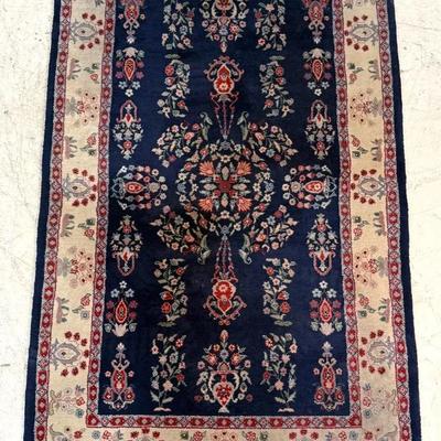 Vintage Persian-Style Floral Area Rug with Navy Blue Field & Fringe