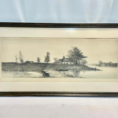 Antique Etching “Cottage On The Lake” C. 1890, Signed EL Field 