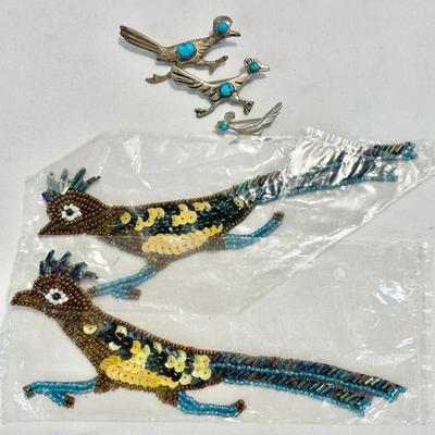Sterling Roadrunner Scatter Pins And Sew-on Beaded Patches 