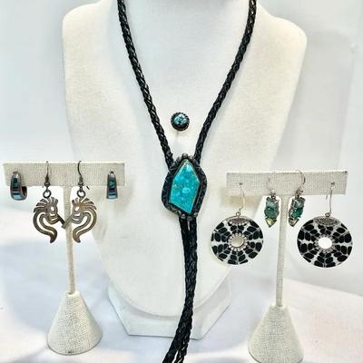 Sterling Jewelry Bundle W/ Earrings, Bolo And Gemstones 