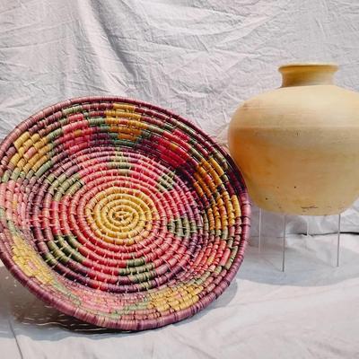 Woven Coiled Basket & Matte Terracotta Clay Pot