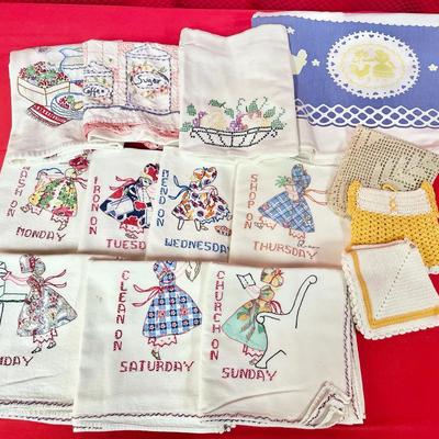 Vintage Cotton Hand Towels Embroidered Monday-Sunday, Linen Table Cloth And More
