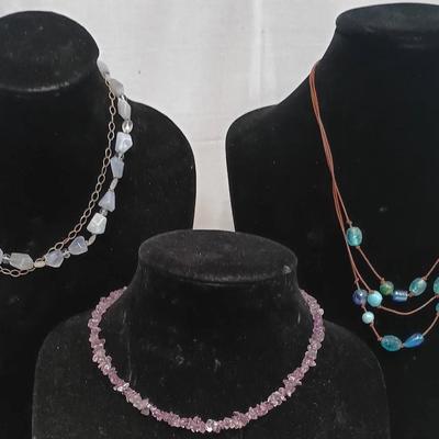 Mixed Beaded Necklace Lot – Amethyst Chip, Blue Stone & Blue Glass on Leather