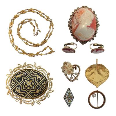 Mixed Gold Tone Jewelry Lot – Multiple Necklaces, Brooches, Pins & Earrings
