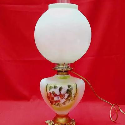 Vintage Hand-Painted Floral Hurricane GWTW Style Table Lamp - Milk Glass