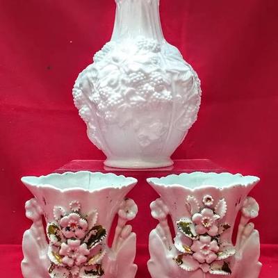 One Westmoreland Milk Glass Vase & Two French Porcelain Wedding Vases