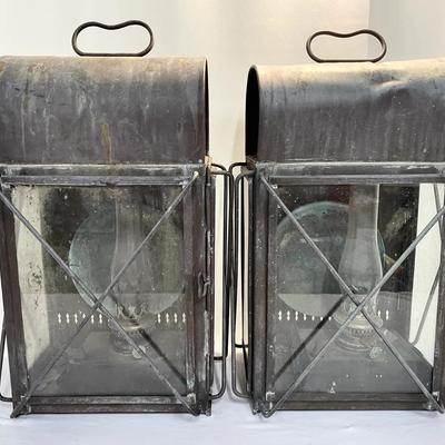 Pair Of Antique Tin And Glass Candle Lanterns 