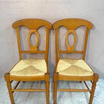 Pair of Italian Solid Wood Dining Chairs with Hand-Woven Rush Seats
