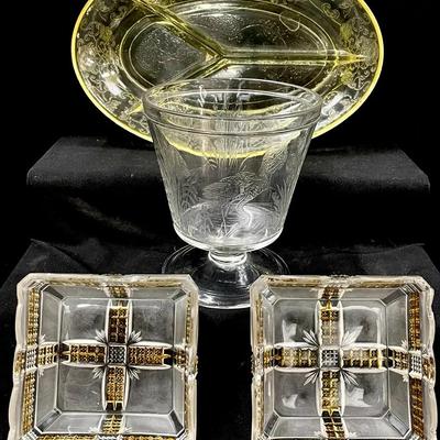 Vintage EAPG Blue Heron Spooner, Klondike Berry Bowls And Hazel Atlas Florentine No.2 Dish