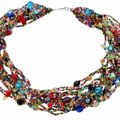 Beaded Torsade Necklace w/Rainbow Multicolored Glass Beads