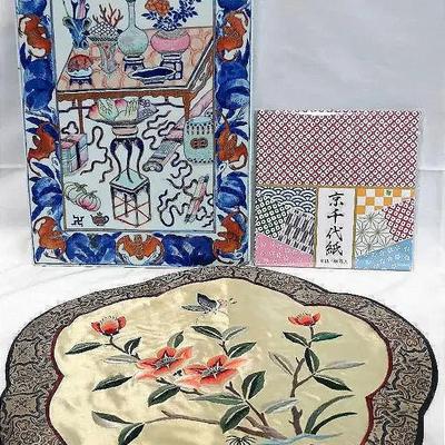 Japanese Decorative Arts Lot – Imari-Style Porcelain Tile, Embroidered Silk Mat & Origami Paper