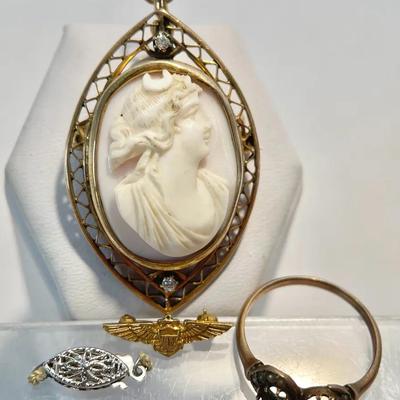 10K Gold Cameo Brooch With Accent Diamonds, Aviator Pin And Scrap Jewelry 