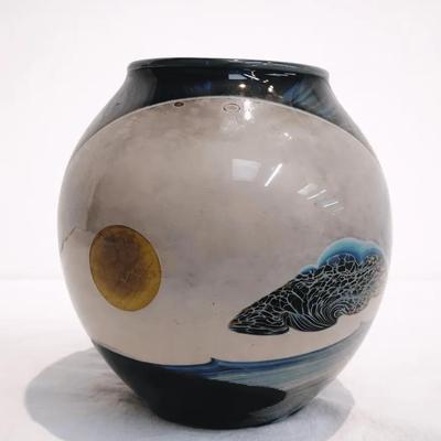 Vintage John Lewis Signed "Moonscape" Studio Art Glass Vase - Iridescent Landscape