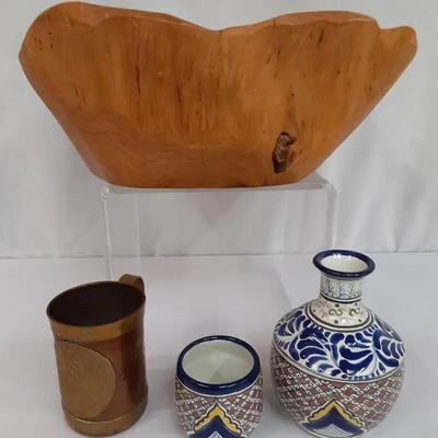 Carved Teak Wood Bowl, Talavera Tequila Set and Copper Mug