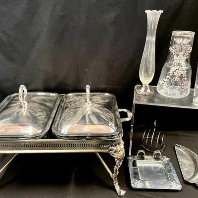 Vintage Double Chafing Dish, Etched Bud Vase W/ Sterling Base, Clear Glass Carafe Set + More