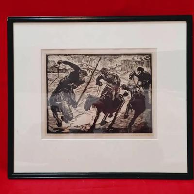 Vintage "Kosaken" Original Woodcut Print by Alex Drabik - Framed
