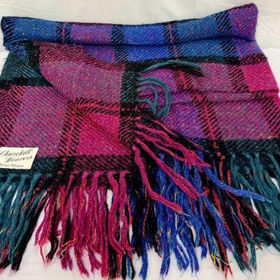 Churchill Weavers Handwoven Wool Throw – Multicolor Plaid / Tweed Fringe – Made in USA 