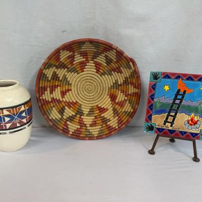 3pc Art Collection: Vintage Native American Coil Basket, Sioux Pottery & Irene Otis
