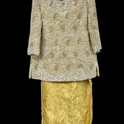 Vintage Heavily Embellished Two-piece Golden Formal Tunic And Skirt