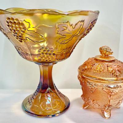 Vintage Indiana And Carnival Glass - Harvest Grape W/ Leaf And Jeanette Amberina Covered Dish 