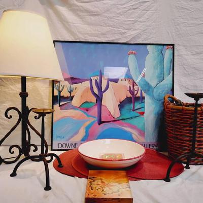 Southwest Decor Lot - Downe Burns Framed Art, Wrought Iron Lamp, Basket & More!