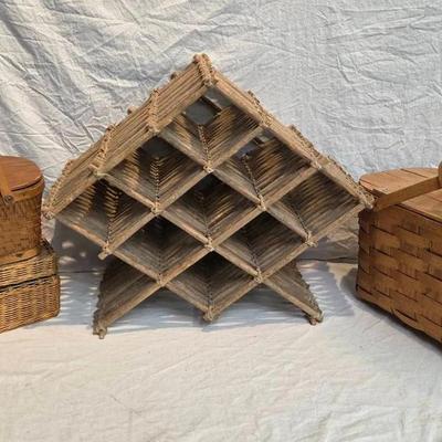 Picnic Baskets and Stick w/ Rawhide Wine Rack 