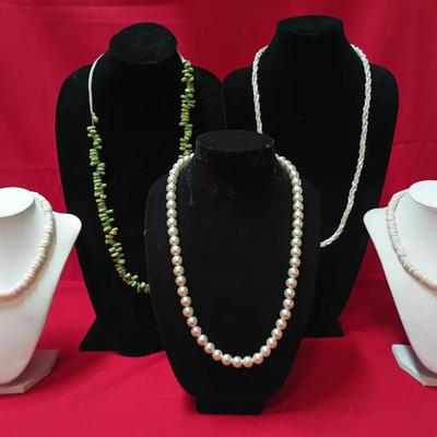 Beaded Necklace Lot – Corn Beads, Shell, Artificial Pearl & White Stone
