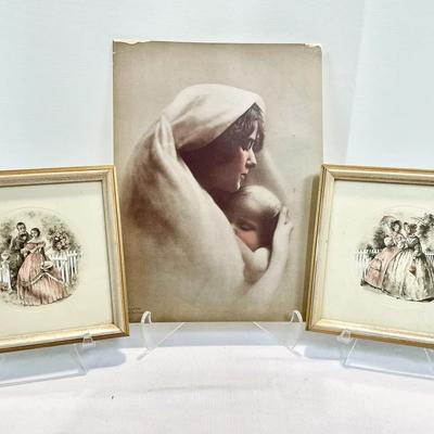 Vintage Madonna And Child Photo Print And Pair Of Victorian Miniatures 