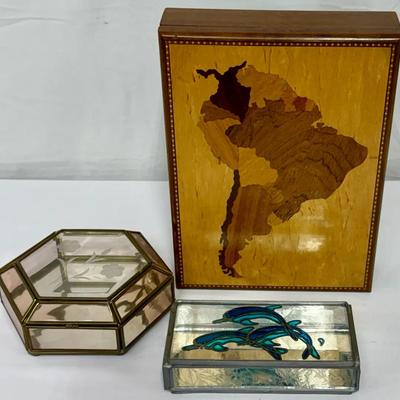 (3) Jewelry Boxes: Via Vermont Etched Glass Box, Dolphin Glass Box & South America Wood Inlay Box