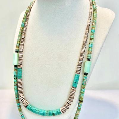 Two Native American-Inspired Turquoise Necklaces - Graduated Disks And Leather Wrap