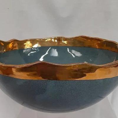 Large 12.5" Dark Teal Stoneware Serving Bowl W/ Metallic Rim