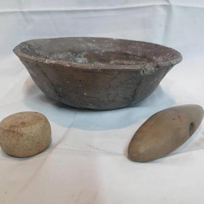 Primitive Stone Bowl with Pestle & Companion Stone – Hand-Carved Stoneware Set