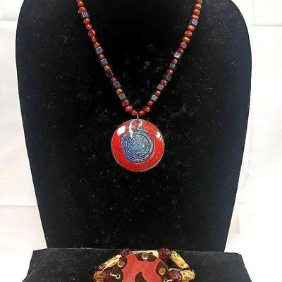 Handcrafted Artisan Necklace & Bracelet Set W/ Painted Disc Pendant