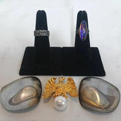 Sterling Jewelry - Rings (sz 6), Shell-Style Earrings and Eagle Atop Pearl Pin
