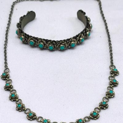 Vintage Mexican Silver & Turquoise Floral Necklace & Cuff Bracelet Set (1930s–1940s)