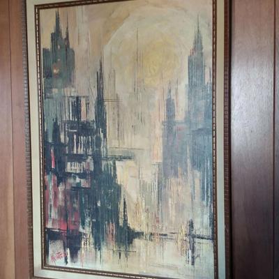 Mid-Century Abstract Cityscape Painting "Daybreak", “Montez" Print