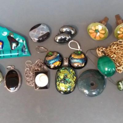 Malachite Egg Pendant, Dichroic Glass Jewelry & Flower Power Cuff Links 