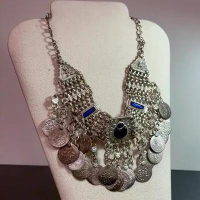 East Asian Metal & Glass Cabochon Bib Necklace