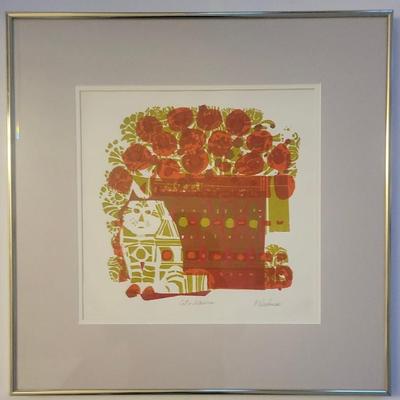 Offset Lithograph By American Artist David Weidman Titled Cats And Flowers