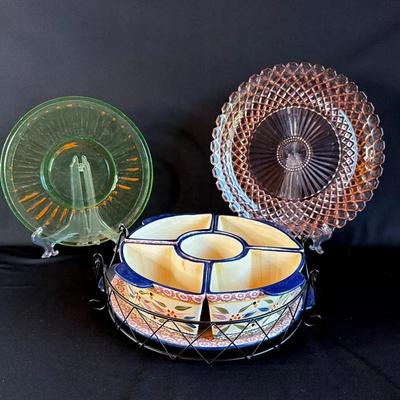 Temptations Serving Dish And Depresión Glass Plates