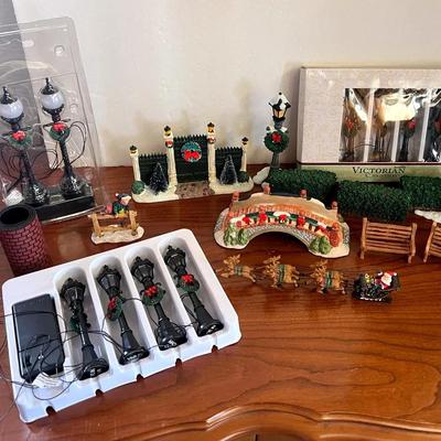 Christmas Village Lamps Bench Bushes Bridge Fence 
