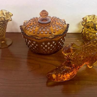 Fenton Amber Opalescent Dish Lid & Glass Shoe, Hobnail Ruffle Amber Vases 