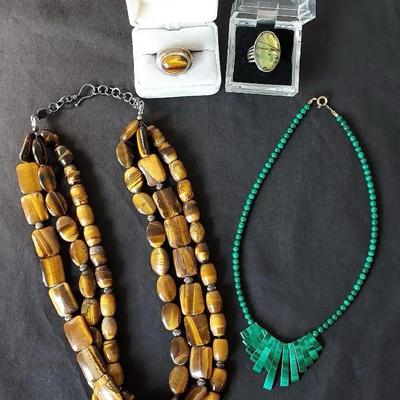 Tiger Eye Necklace & Ring Sz 8 925 Israel, Malachite Necklace, Abalone Ring Sz 7.5