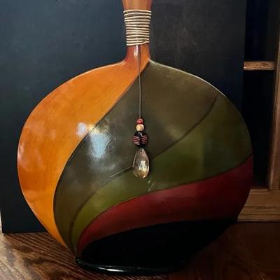 Large Polystone Vase Multi Color Decor w/ Crystal Accent Safari Motif 