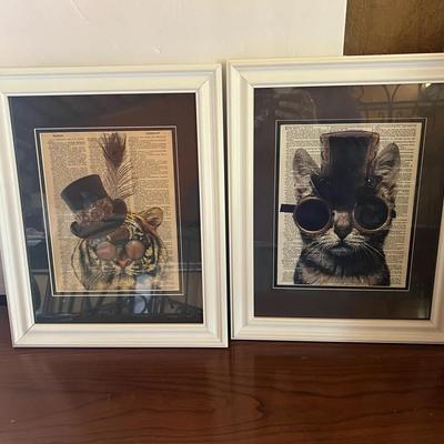 2 Framed Cat In Glasses Prints on Dictionary & Bible Page 